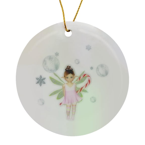 3drose, Cute Christmas Fairy with Snowflakes, Silver Balls and Candy Cane, Circle Porcelain Ornament