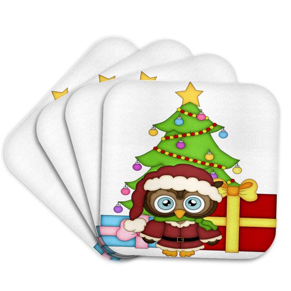 3drose, Cute Christmas Owl with a Christmas Tree and Presents Illustration, Set of 4 Coasters - Cork