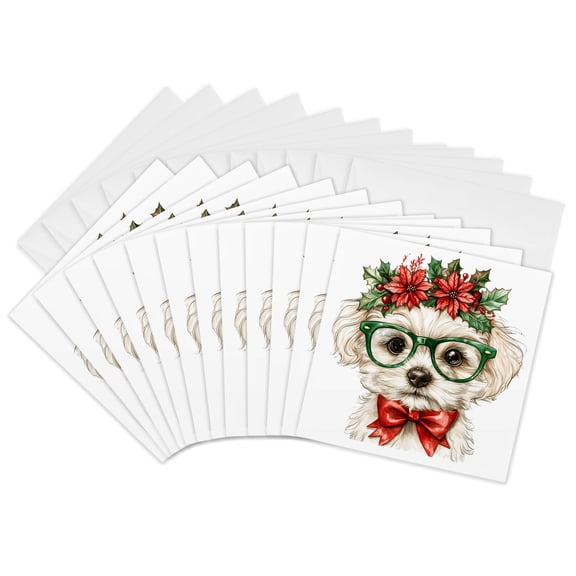 3drose, Cute Christmas Puppy Dog in Glasses, 12 Greeting Cards with Envelopes