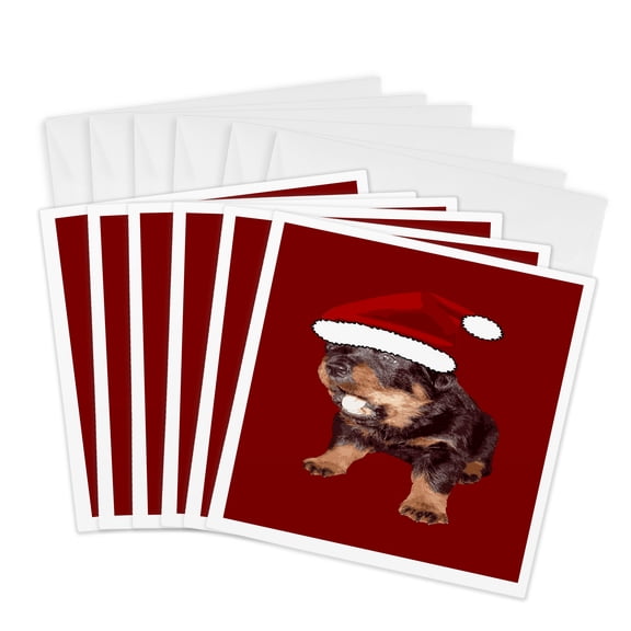 3drose, Cute Christmas Rottweiler with Red Santa Hat, 6 Greeting Cards with Envelopes