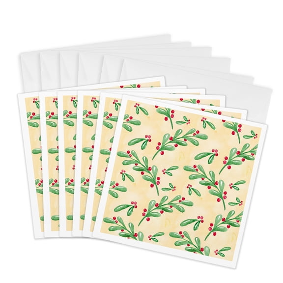 3drose, Cute Christmas Watercolor Holly Leaves and Berries Pattern, 6 Greeting Cards with Envelopes