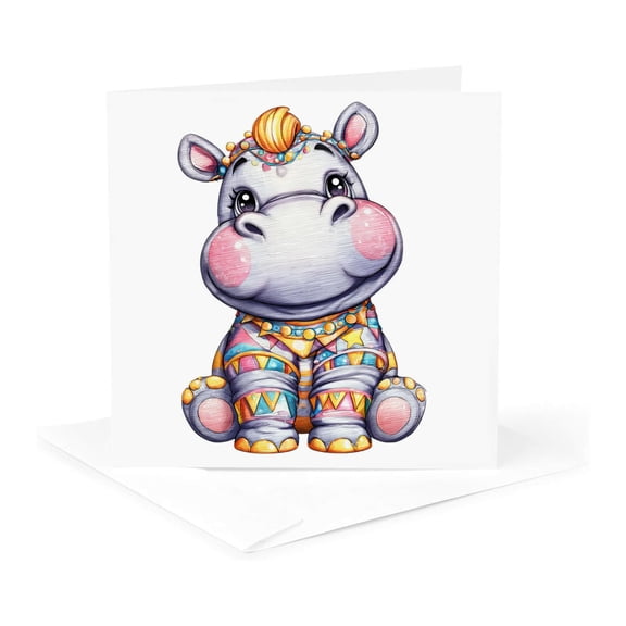 3drose, Cute Circus Hippopatomus Illustration, 1 Greeting Card with Envelope