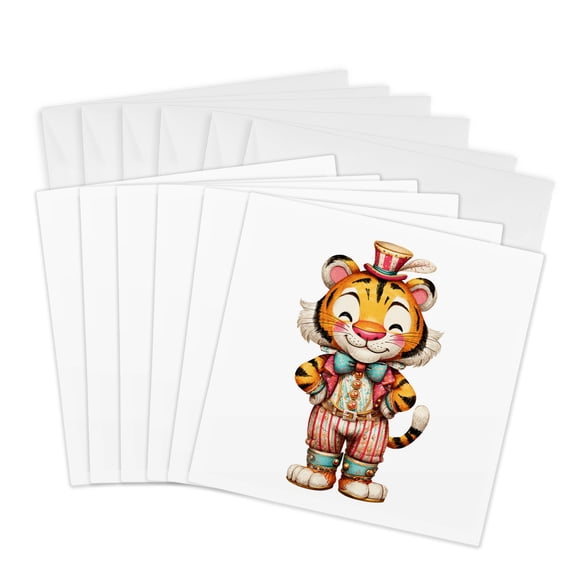 3drose, Cute Circus Tiger Illustration, 6 Greeting Cards with Envelopes