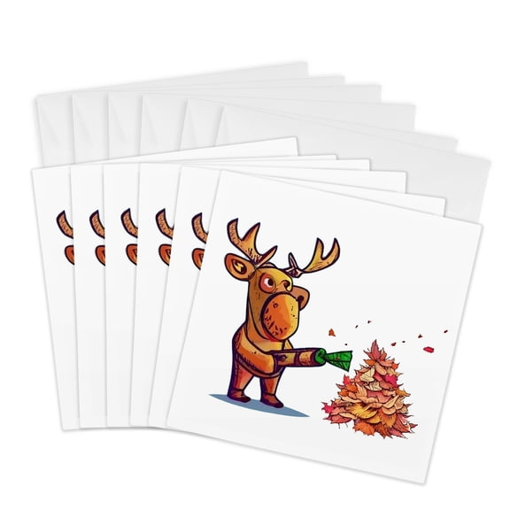 3drose, Cute Cool Colorful Moose Using Leaf Blower Blower Fall Leaves, 6 Greeting Cards with Envelopes