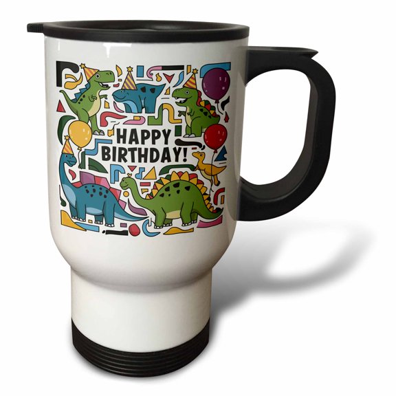 3drose, Cute Cool Fun Assorted Dinosaurs Happy Birthday Abstract Art Design, 14oz Stainless Steel Travel Mug
