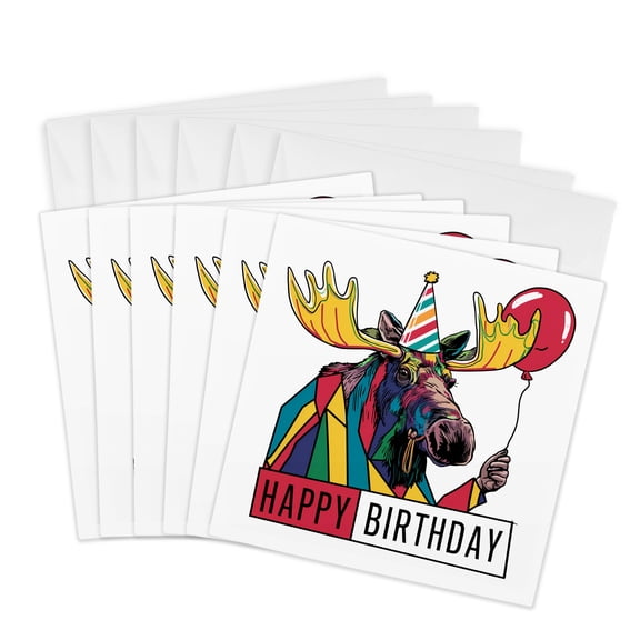 3drose, Cute Cool Funny Moose Holding Balloon Happy Birthday Abstract Art, 6 Greeting Cards with Envelopes