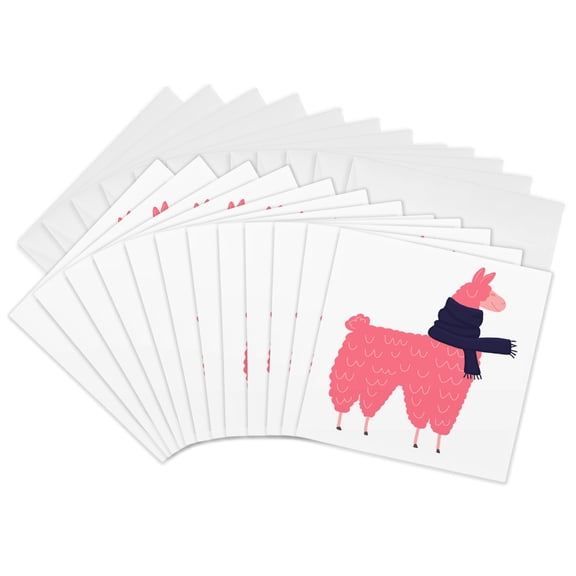 3drose, Cute Creative Pink Llama Wearing a Blue Scarf Cartoon, 12 Greeting Cards with Envelopes