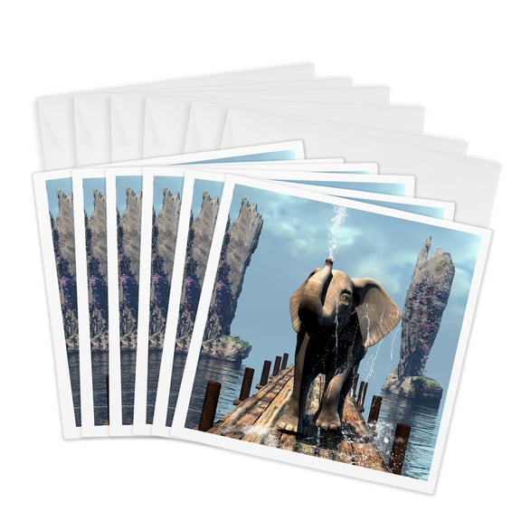 3drose, Cute Elephant on a Jetty, 6 Greeting Cards with Envelopes