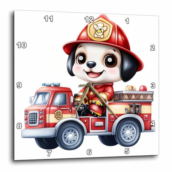 3drose, Cute Fireman Dog in a Fire Truck Illustration, 10x10 Wall Clock