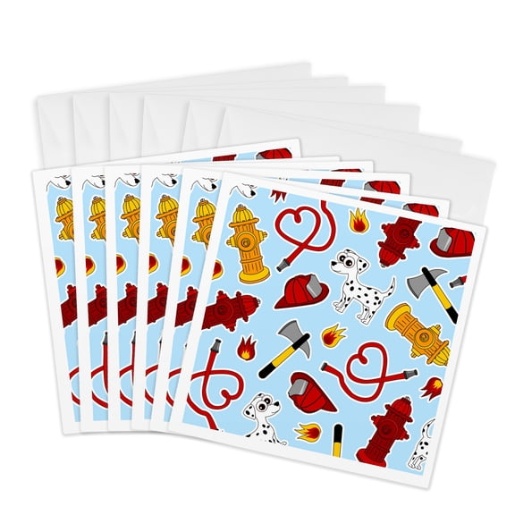 3drose, Cute Fireman - Firefighter Love Pattern Blue, 6 Greeting Cards with Envelopes
