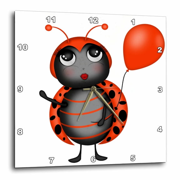 3drose, Cute Flirty Orange and Black Lady Bug with a Balloon Illustration, 13x13 Wall Clock