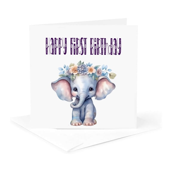 3drose, Cute Floral Baby Elephant Happy First Birthday, 1 Greeting Card with Envelope