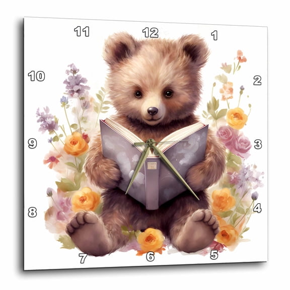 3drose, Cute Floral Bear Reading a Book Illustration, 10x10 Wall Clock