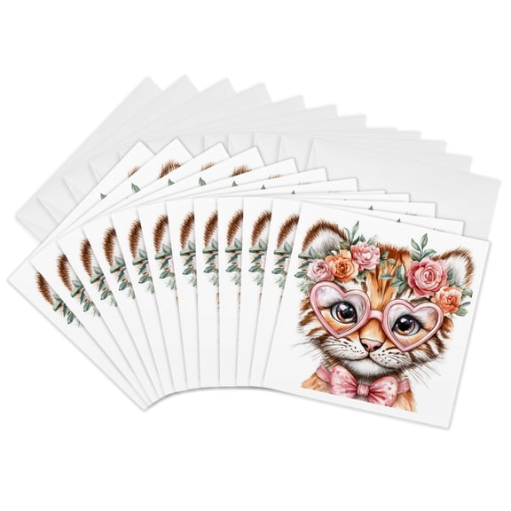 3drose, Cute Floral Tiger Wearing Pink Heart Glasses, 12 Greeting Cards with Envelopes