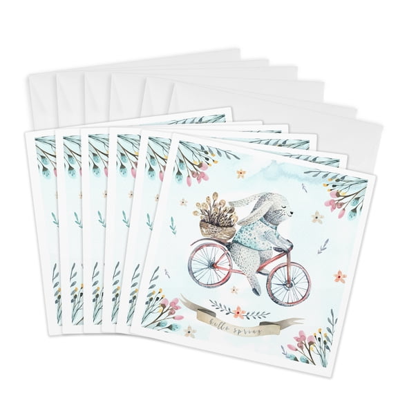 3drose, Cute Floral Watercolor Easter Bunny Illustration - Hello Spring, 6 Greeting Cards with Envelopes