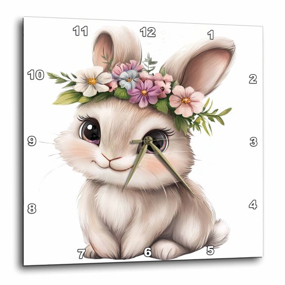 3drose, Cute Floral White Bunny Rabbit Illustration, 10x10 Wall Clock