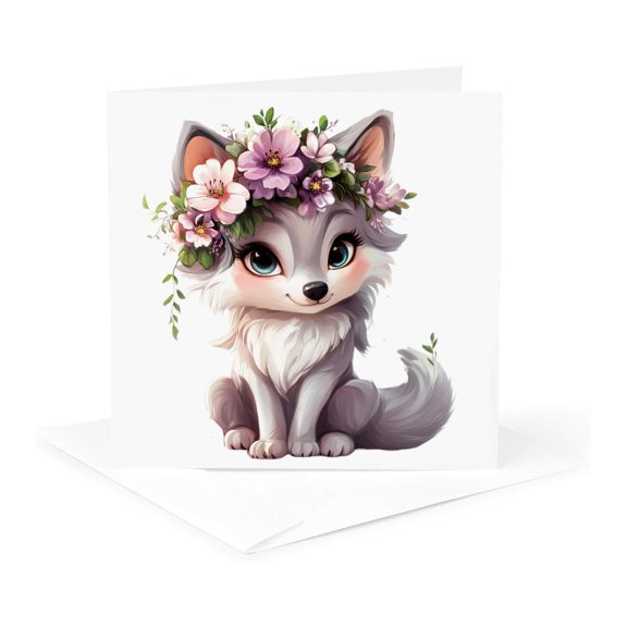 3drose, Cute Floral Wolf Illustration, 1 Greeting Card with Envelope