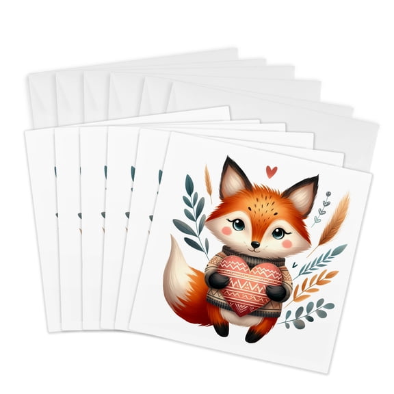 3drose, Cute Fox with a Folk Art Heart Illustration, 6 Greeting Cards with Envelopes