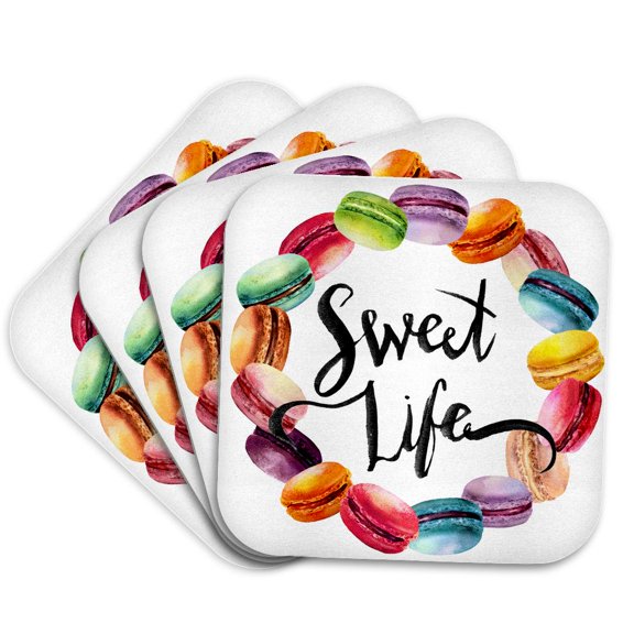 3drose, Cute French Macaroon Cookies Wreath with Sweet Life, Set of 4 Coasters - Cork