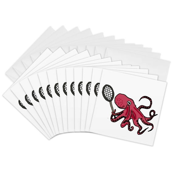 3drose, Cute Fun Octopus Playing Tennis Cartoon, 12 Greeting Cards with Envelopes