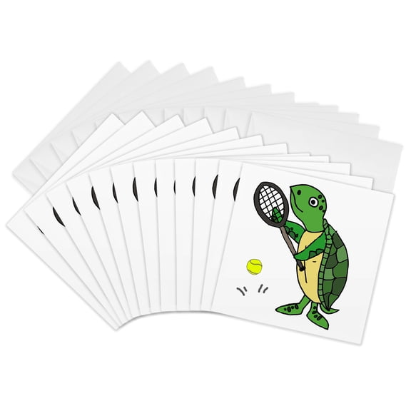 3drose, Cute Fun Sea Turtle Playing Tennis Cartoon, 12 Greeting Cards with Envelopes