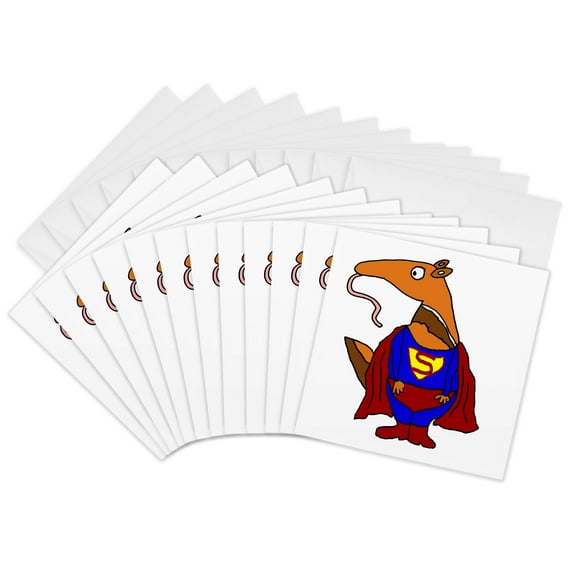 3drose, Cute Funny Anteater or Aardvark Superhero with Red Cape Cartoon, 12 Greeting Cards with Envelopes