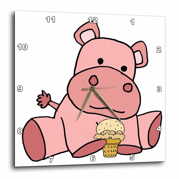 3drose, Cute Funny Baby Pink Hippo Eating Ice Cream Cone Cartoon, 15x15 Wall Clock