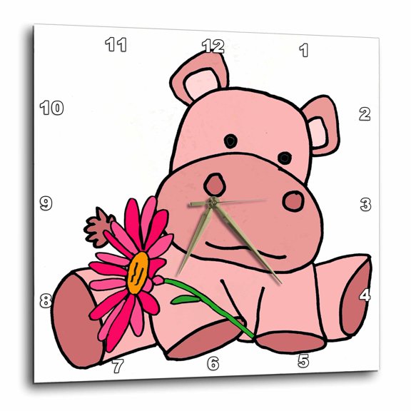 3drose, Cute Funny Baby Pink Hippo with Pink Daisy Flower Cartoon, 13x13 Wall Clock