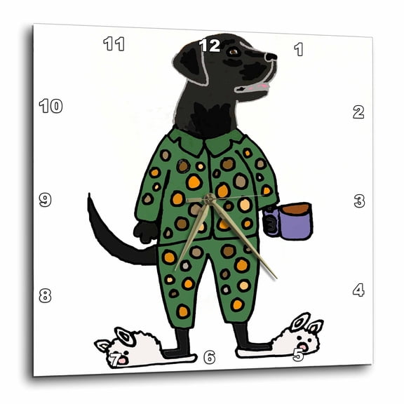3drose, Cute Funny Black Labrador Retriever Dog in Polka Dot Pajamas, 10x10 Wall Clock