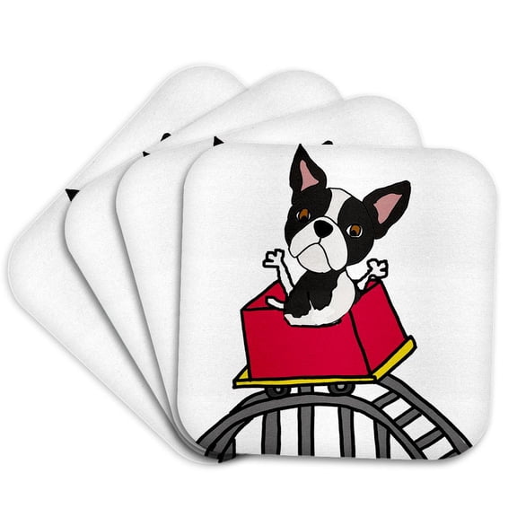 3drose, Cute Funny Boston Terrier Dog Riding Roller Coaster Cartoon, Set of 4 Coasters - Soft