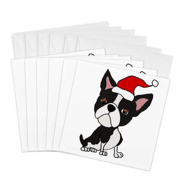 3drose, Cute Funny Boston Terrier Dog in Santa Hat Christmas Art, 6 Greeting Cards with Envelopes