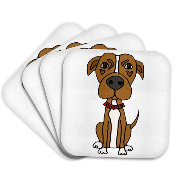 3drose, Cute Funny Brown Pit Bull Puppy Dog with Red Spiked Collar, Set of 4 Coasters - Soft