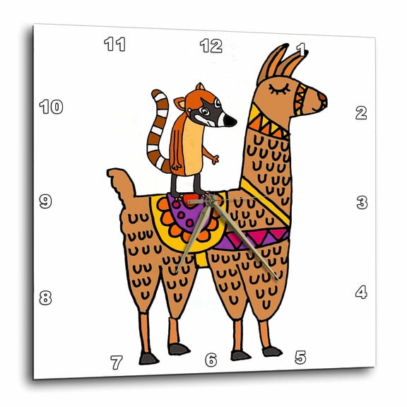 3drose, Cute Funny Coati Mundi Riding Llama Cartoon, 15x15 Wall Clock