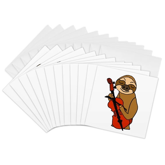 3drose, Cute Funny Cool Sloth Playing Cello Cartoon, 12 Greeting Cards with Envelopes