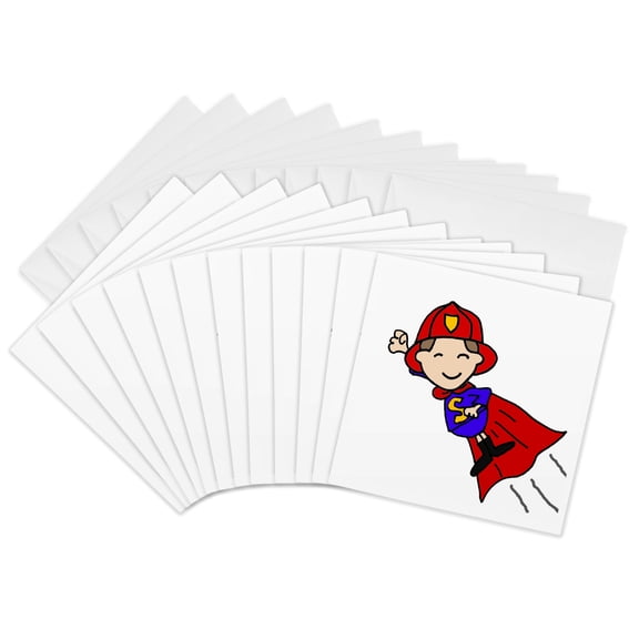 3drose, Cute Funny Fireman Flying Superhero Cartoon Firefighters, 12 Greeting Cards with Envelopes