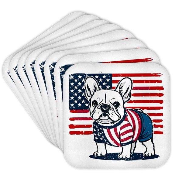 3drose, Cute Funny French Bulldog Dog Dressed in American Flag Shirt, Set of 8 Coasters - Cork
