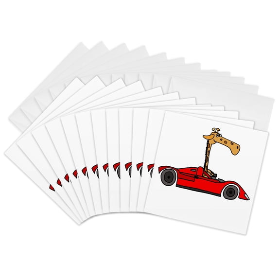 3drose, Cute Funny Giraffe Driving Red Race Car Cartoon, 12 Greeting Cards with Envelopes