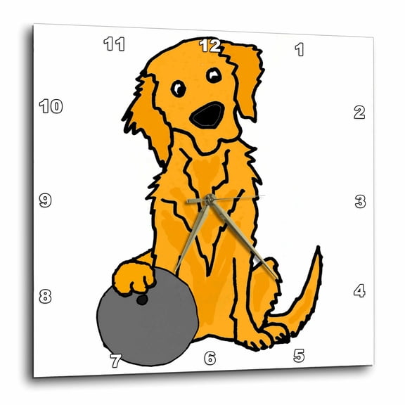 3drose, Cute Funny Golden Retriever Puppy Dog Bowling Cartoon, 10x10 Wall Clock