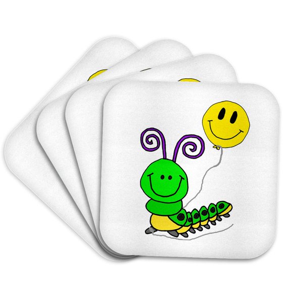 3drose, Cute Funny Green Caterpillar with Smiling Face Balloon Cartoon, Set of 4 Coasters - Soft