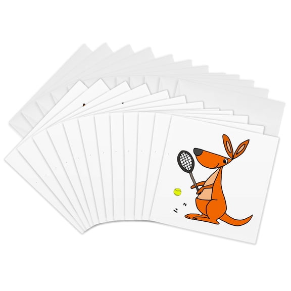 3drose, Cute Funny Kangaroo Playing Tennis Cartoon, 12 Greeting Cards with Envelopes