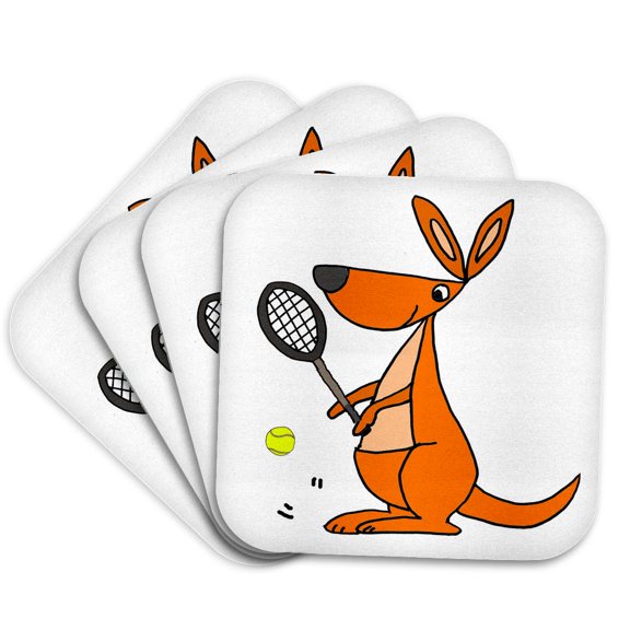 3drose, Cute Funny Kangaroo Playing Tennis Cartoon, Set of 4 Coasters - Soft