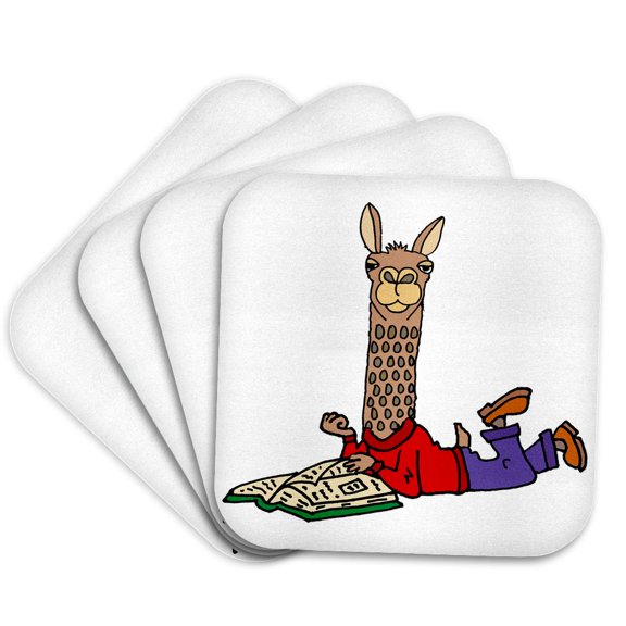 3drose, Cute Funny Llama Reading Book Cartoon, Set of 4 Coasters - Soft