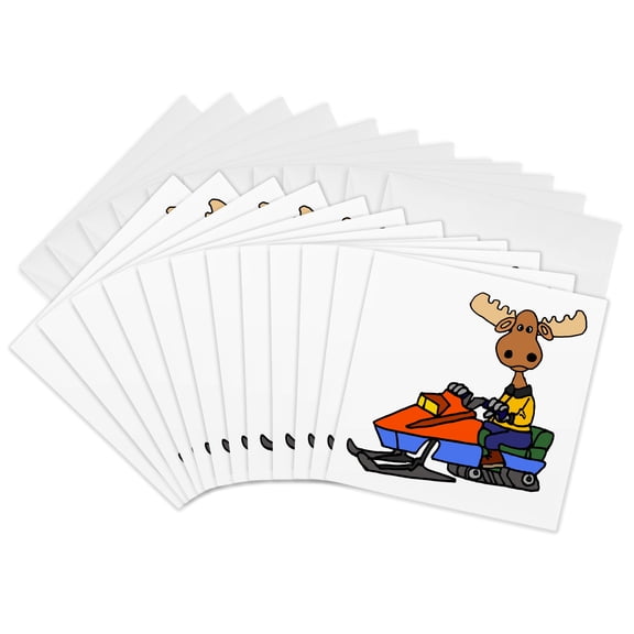 3drose, Cute Funny Moose Driving Snowmobile Cartoon, 12 Greeting Cards with Envelopes