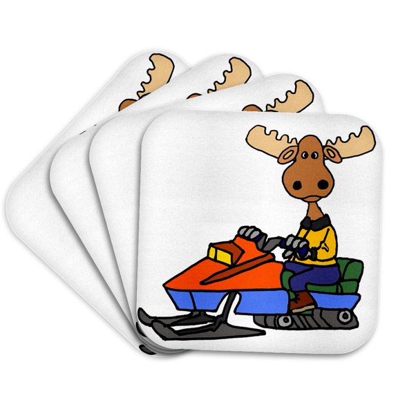 3drose, Cute Funny Moose Driving Snowmobile Cartoon, Set of 4 Coasters - Cork