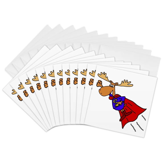 3drose, Cute Funny Moose Flying Superhero Cartoon, 12 Greeting Cards with Envelopes