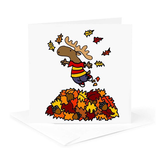 3drose, Cute Funny Moose Jumping in Leaf Pile Cartoon, 1 Greeting Card with Envelope