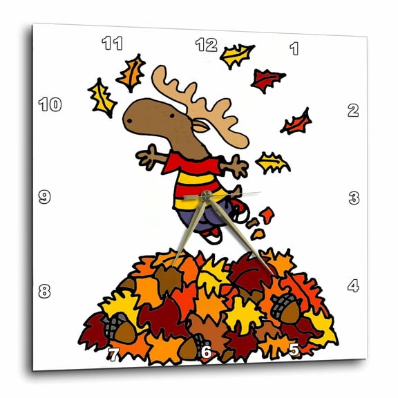 3drose, Cute Funny Moose Jumping in Leaf Pile Cartoon, 10x10 Wall Clock