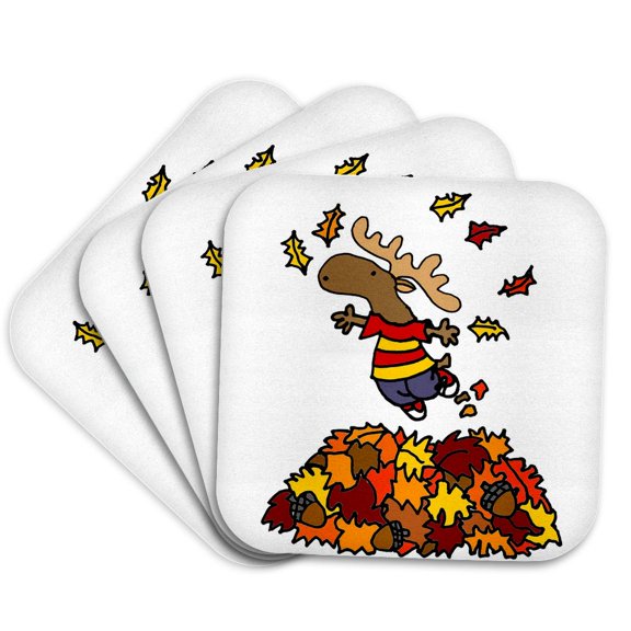 3drose, Cute Funny Moose Jumping in Leaf Pile Cartoon, Set of 4 Coasters - Soft