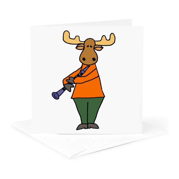 3drose, Cute Funny Moose Playing Clarinet or Flute Cartoon, 1 Greeting Card with Envelope