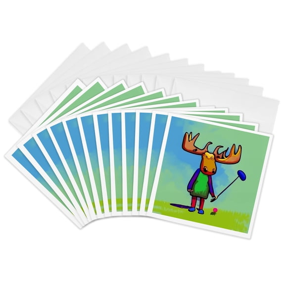 3drose, Cute Funny Moose Playing Golf Golfers Sports Golfing Cubism Style, 12 Greeting Cards with Envelopes